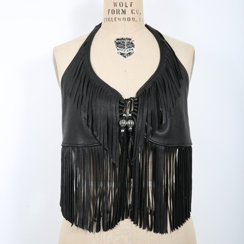 Vintage Artisan Handmade Black Leather Halter Top with Fringe